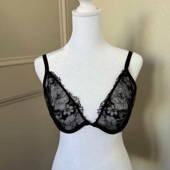 Victoria's Secret Luxe Low Cut Demi Bra Embroidered Lace Sheer Mesh 32DDD - Picture 2 of 4